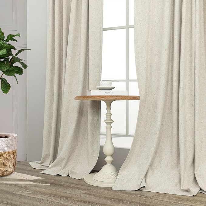 Black Out Curtains 108 Inch Long 2 Panel Set Burlap Primitive Cottage Linen Textured Total Blackout Patio Door Curtain for Living Room Darkening Soundproof Curtains for Bedroom 9ft Back Tab Tan Beige