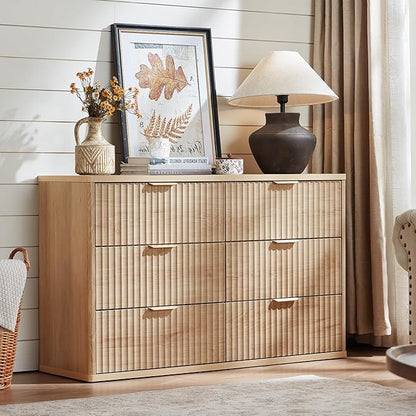LEYAOYAO 48" Wide Fluted Dresser and 2 Drawers 23" Nightstand Set of 2, Wooden Dresser & Night Stand with Charging Station, 3 Piece Bedroom Furniture Set, Chest of Drawer for Living Room,Natural Wood