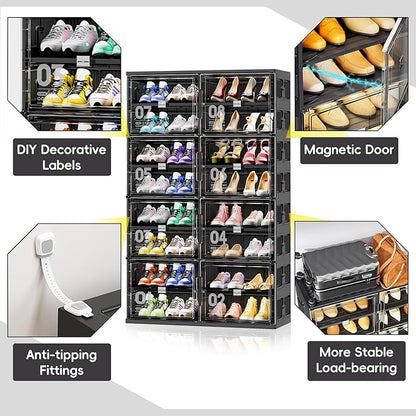 JEKO&JEKO 8 Tiers Foldable Shoe Rack Organizer Cabinet for Closet Entryway, Large Collapsible Shoe Storage Box with Magnetic Doors (Black)