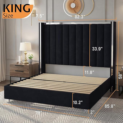 Jocisland King Size Bed Frame with 58" Tall Headboard, Velvet Upholstered Platform Bed with Channel Tufted Wingback Headboard and Plating Trim, No Box Spring Needed, Black