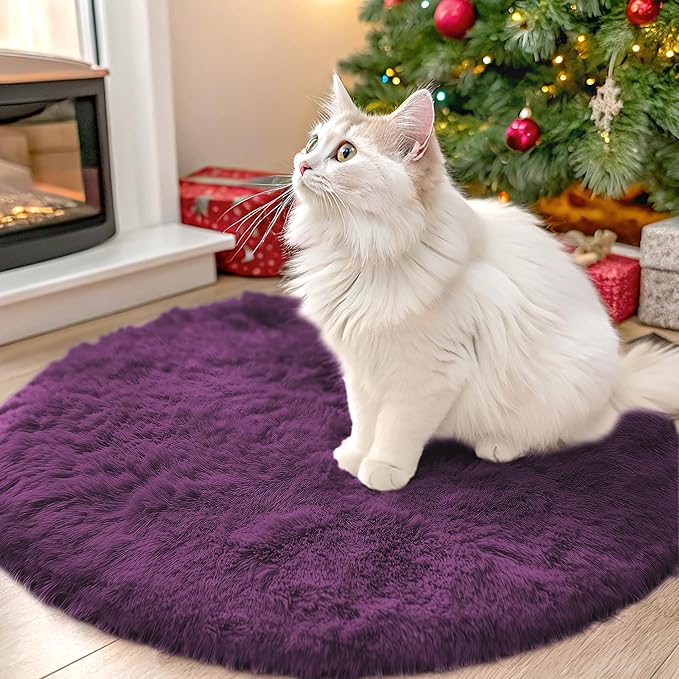 OLANLY Dark Purple Round Rugs for Bedroom - Machine Washable, 2 ft Circle Area Rugs for Living Room, Soft and Fluffy Shaggy Carpet for Teen Girl and Boys, Nursery Rooms, Dorms, Home Decor Aesthetic