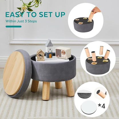 FIMIVIBI Small Foot Stool Ottoman with Storage, Velvet Ottoman Foot Rest for Couch, Round Footstool with Storage, Small Ottomans and Footstools for Living Room and Entryway (Gray)