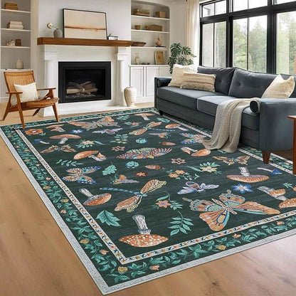 Mushroom 10x13 Area Rug for Living Room Washable Non Slip Forest Soft Low-Pile Stain Resistant Thin Large Throw Carpet for Bedroom Dining Room Office Black