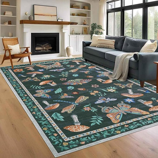 Mushroom 10x13 Area Rug for Living Room Washable Non Slip Forest Soft Low-Pile Stain Resistant Thin Large Throw Carpet for Bedroom Dining Room Office Black