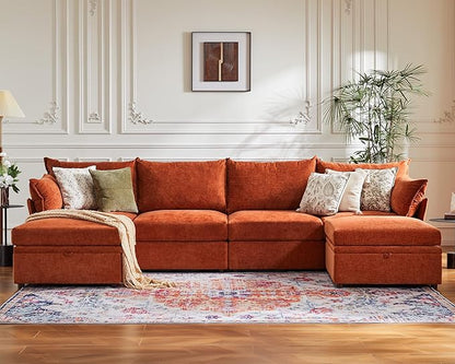 ABCASA 134.6" Luxury Modular Sectional Convertible Sofa with Storage Ottoman, L-Shape 5-Seat Oversized Comfy Couch Deep Seat with Reversible Chaise - Chenille Terracotta Orange