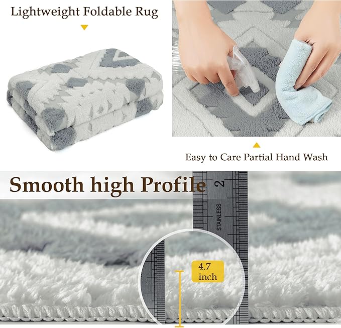 Ivory Grey 6x9 Area Rug Washable Living Room Moroccan Shag Carpet Non Slip Soft Neutral Boho Plush Pile Large Throw Rug for Office Bedroom Dining Room Playroom