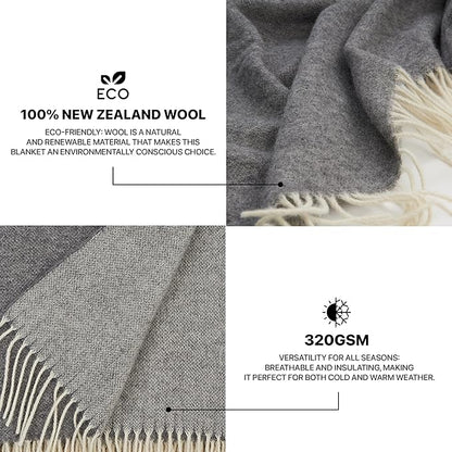 | Wool Blanket/Throw | 100% New Zealand Wool | Perfect for Home and Outdoors | Virgin Wool Throw with Fringes 75"x87" (190 x 220 cm)