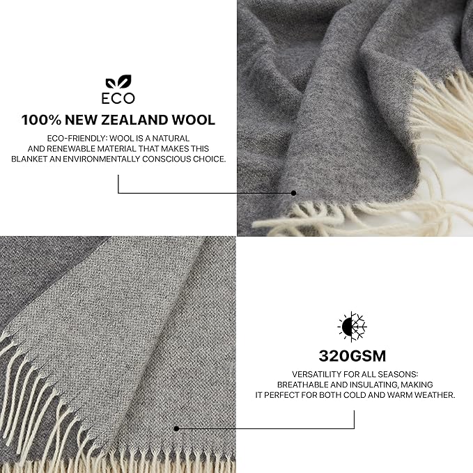 | Wool Blanket/Throw | 100% New Zealand Wool | Perfect for Home and Outdoors | Virgin Wool Throw with Fringes 67"x79" (170 x 200 cm)