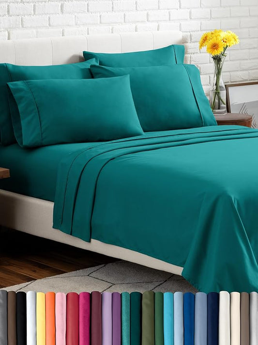 Bare Home Hotel Luxury Queen Sheet Set, Extra Soft - 6 Piece Set - Deep Pockets - Easy Fit - Cooling & Breathable - Wrinkle, Fade, Stain Resistant - Includes 4 Pillowcases (Queen, Emerald)