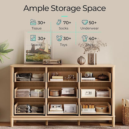 LINSY Rattan 9 Drawer Dresser for Bedroom, 58" Wide Mid-Century Modern Tall Chest of Drawers, Deep Storage Dresser with Curved Corner Design, Large Accent Wood Cabinet for Bedroom, Oak