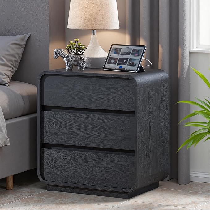 Black Curved Night Stand Set of 2 with Charging Station, 25" Tall Wood Bedside Table Nightstand with 3 Storage Drawers, Mid Century Modern End Table for Bedroom, Office