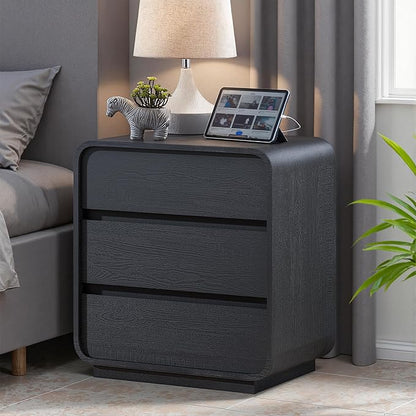 Black Curved Night Stand Set of 2 with Charging Station, 25" Tall Wood Bedside Table Nightstand with 3 Storage Drawers, Mid Century Modern End Table for Bedroom, Office