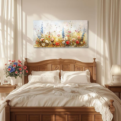 SERIMINO Spring Wildflower Wall Art, Nature Botanical Floral Large Artwork for Walls, Flower Market Canvas Art Prints, Modern Country Aesthetic Paintings Wall Decor Living Room Bedroom 24X48 Inch