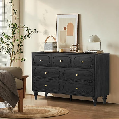 ORRD 7 Drawer Fluted Dresser for Bedroom, Mid Century Modern Chest of Drawers, Wood Storage Large Dresser Organizer for Bedroom Living Room Hallway Closet, Black
