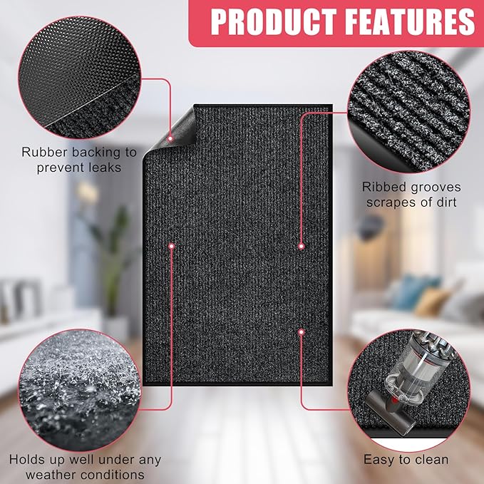 Kuyal Front Door Mat, 3'x5' Indoor Outdoor Entrance Mat, Commercial Floor Mats Inside Outside Entrance, Heavy Duty Durable Welcome, Rubber Backing Non Slip Outdoor Mats for Entryway,Black