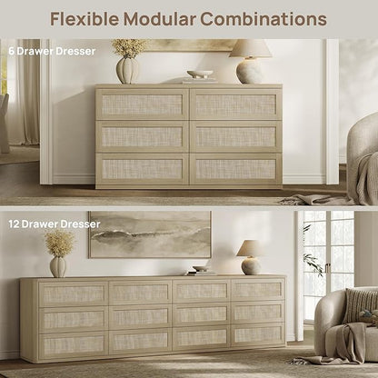 SICOTAS Dresser for Bedroom - 75" Wide 9 Drawer Dresser Rattan Dressers & Chests of Drawers Boho Drawers for Bedroom Bedside Table Clothes Long Closet Storage for Closet Hallway Entryway