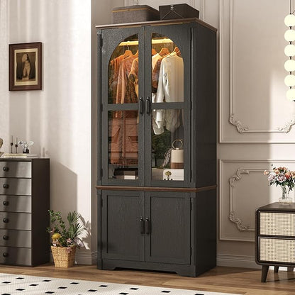 Tall Farmhouse 2 Doors Armoire Wardrobe Closet with LED ,72" Freestanding Arched Wardrobe Closet Cabinet for Bedroom w Glass Doors,Wooden Clothing Storage Cabinet,Closets for Bedroom(Black)