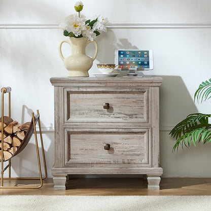 Farmhouse Nightstand Set of 2 for Bedroom, Mid-Century Low Nightstands with 2 Drawers & Charging Station, Vintage Night Stands with 4 Square Solid Wood Legs, Small Dresser for Home, Grey