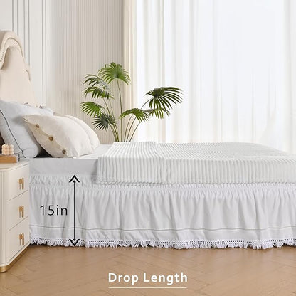 MIYE Wrap Around Ruffled Lace Bed Skirt, Elastic Dust Ruffle with Adjustable Belts, Easy to Put On, Bed Frame Cover, Machine Washable (Tassel Ruffle/White, King/Queen-15 Drop)