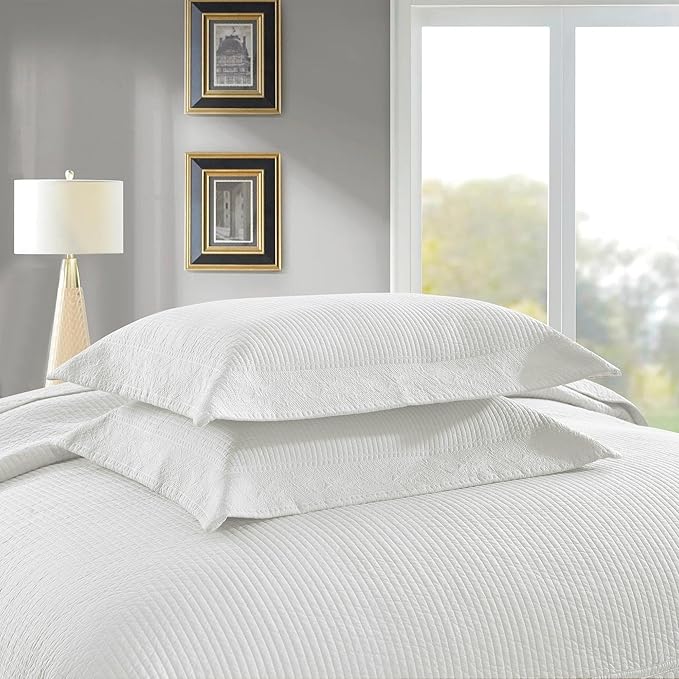 MarCielo 100% Cotton Quilt Set - 3-Piece Embroidered Farmhouse Bedspread & Shams, All-Season Breathable Bedding(TG Bright White,Queen)