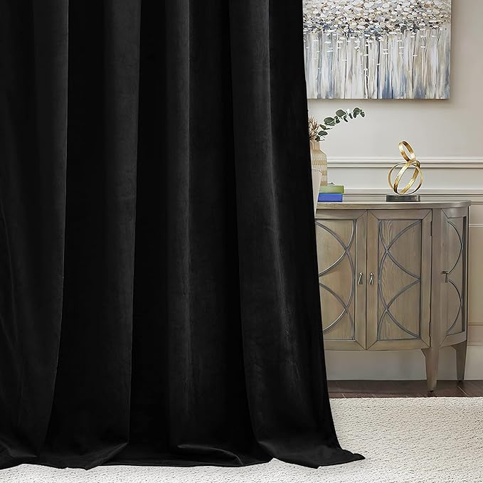 RYB Home Black Velvet Curtains 90 inches - Blackout Heavy Duty Curtains Soft Luxury Back Tab Window Covering Privacy Protection for Kids Room Bathroom Basement, Black, W52 x L90 inches, 2 Panels