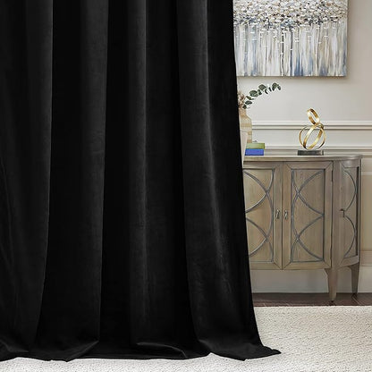 RYB HOME Velvet Curtains 120 inches - Blackout Heavy Duty Curtains Soft Luxury Back Tap Window Covering Privacy Blinds for Kids Room Bathroom Bedroom, Black, W52 x L120 inches, 2 Panels