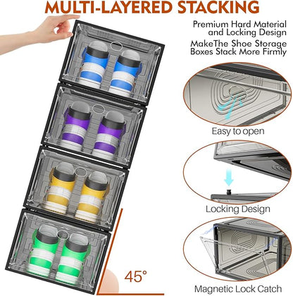 6 Pack Thicken Shoe Organizer Stackable,Upgraded Sturdy Shoe Storage Box with Magnetic Door,Shoe Containers For Sneaker Display,Hat Organizer,Black