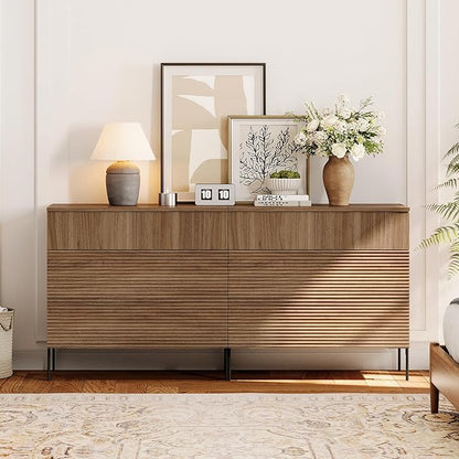 WAMPAT 63" W Fluted Dresser for Bedroom, 2 in 1 Modern 6 Drawer Dresser TV Stand with Hidden Handles, Wooden Chest of Drawers Closet Clothes Storage Organizer for Bedroom, Living Room, Light Walnut