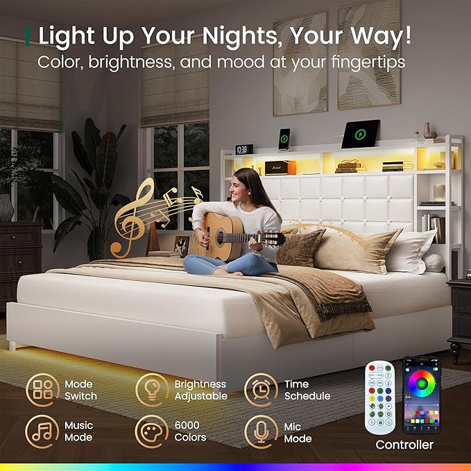 LARMACE King Size Bed Frame with 4 Storage Drawers and Bookcase Headboard, Faux Leather Upholstered, Wooden Platform Bed Frame with Charging Station and LED Lights, No Box Spring Needed, White