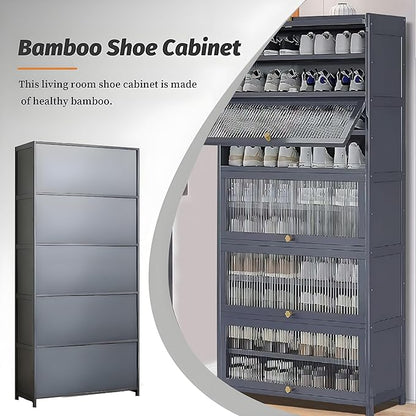Tall Shoe Cabinet with Acrylic Doors, 10-Tier Large Capacity Bamboo Shoe Cabinet, 40-45 Pairs Freestanding Shoe Rack & Shoe Organizer for Closet Entrance, Hallway, Living Room, Bedroom