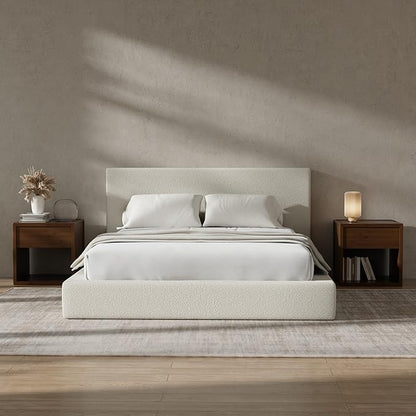 RECCI Cloud Boucle Upholstered Queen Bed Frame with Headboard, 5 Inch Foam Padded Platform, No Box Spring, Easy Assembly(Beige)