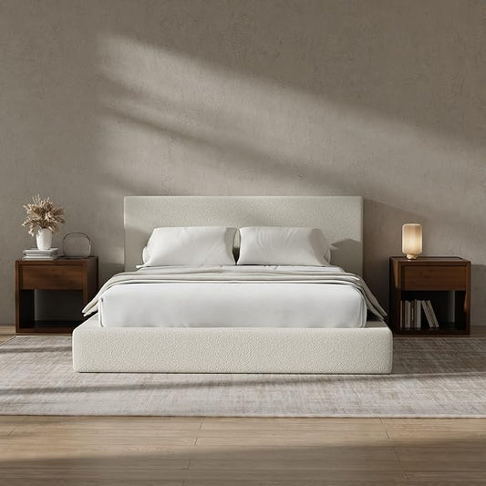 RECCI Cloud Boucle Upholstered Queen Bed Frame with Headboard, 5 Inch Foam Padded Platform, No Box Spring, Easy Assembly(Beige)