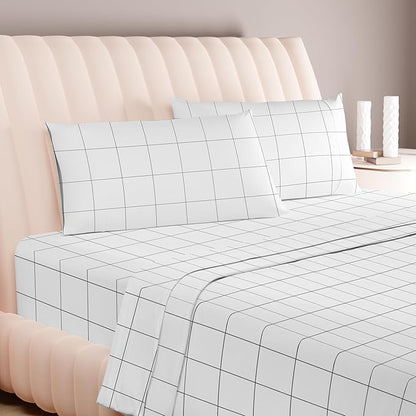 Carressa Linen Luxury Egyptian Cotton King Printed Sheet Set - 600 Thread Count Extra Long Staple 4 PC Set, Window Pane King Printed Sheets, Soft, Cooling Sateen Weave Sheets Upto 18 in Deep Pocket