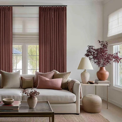 Reddish Brown Linen Pinch Pleated Curtains 96 Inches Long for Living Room Pleated Drapes Back Tab Thick Linen Textured Boho Farmhouse Country Maroon Rust Brown 96 Inch Curtain for Dining Bedroom