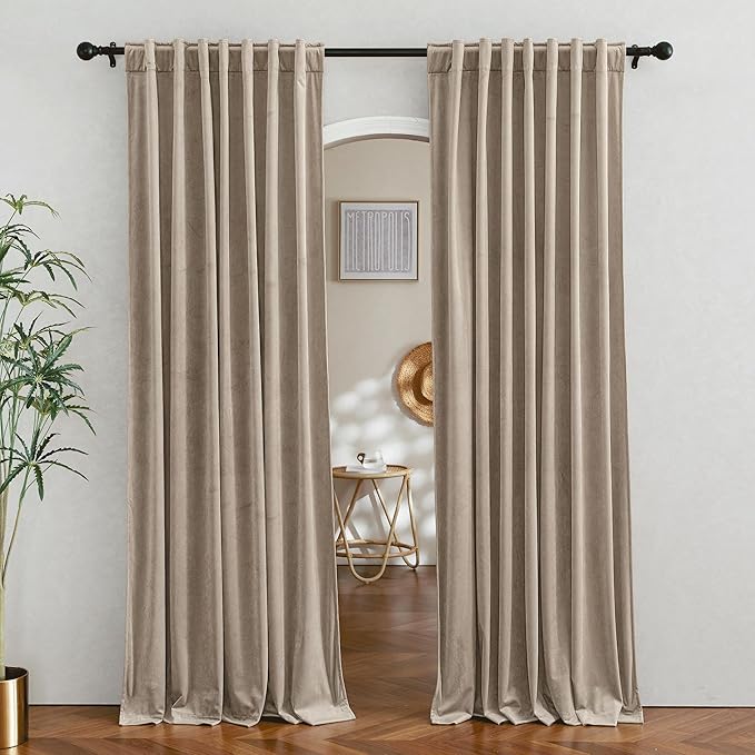 RYB Home Camel Beige Velvet Curtains 96 inches - Rod Pocket Farmhouse Window Panels Privacy Theraml Insulted Drapes for Bedroom Bathroom Hotel Hall, W62 x L96, 2 Panels Set