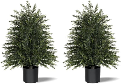 2FT Artificial Cedar Trees Set of 2, Realistic Faux Evergreen Topiary Bushes Plants, Outdoor Potted Fake Cypress Shrubs for Front Porch Garden Home Living Room Decor