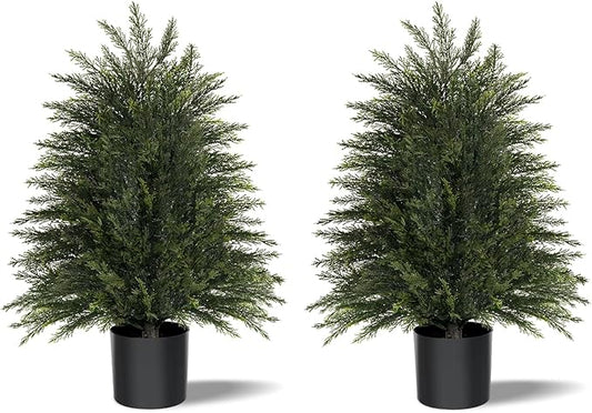 2FT Artificial Cedar Trees Set of 2, Realistic Faux Evergreen Topiary Bushes Plants, Outdoor Potted Fake Cypress Shrubs for Front Porch Garden Home Living Room Decor