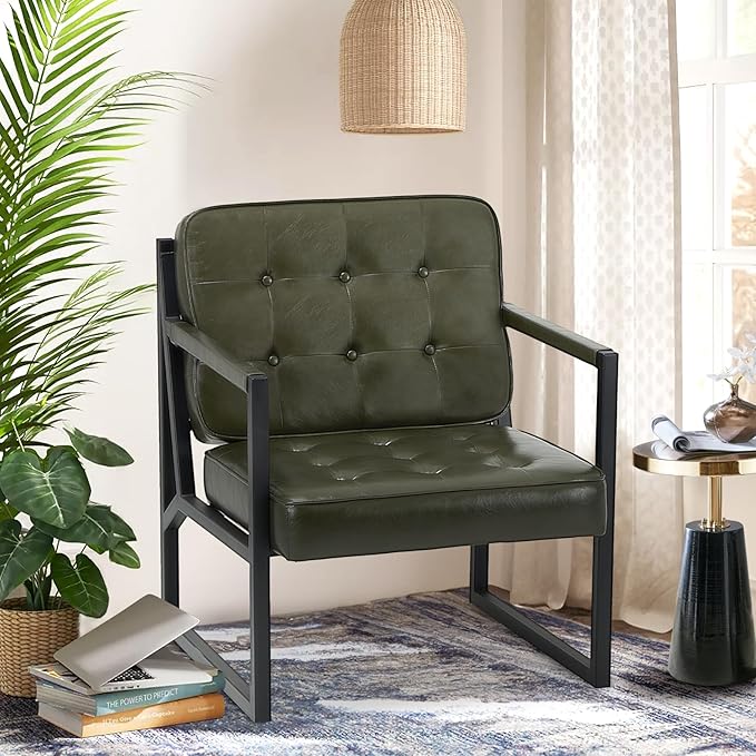 COLAMY Accent Chairs Set of 2, Modern Accent Arm Chairs for Living Room, Comfy Leather Armchairs with Metal Legs for Reception Waiting Room Office Lobby, Green