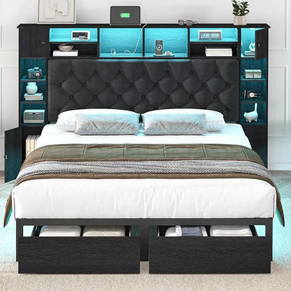 Full Size Bed Frame with Bookcase Headboard and Storage Drawers, 51.2" Metal Platform Full Bed Frame with Charging Station and LED Lights, Velvet Upholstered Tufted Bed Frames, Black