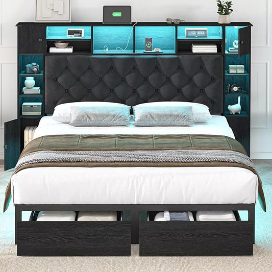 Full Size Bed Frame with Bookcase Headboard and Storage Drawers, 51.2" Metal Platform Full Bed Frame with Charging Station and LED Lights, Velvet Upholstered Tufted Bed Frames, Black
