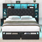 Full Size Bed Frame with Bookcase Headboard and Storage Drawers, 51.2" Metal Platform Full Bed Frame with Charging Station and LED Lights, Velvet Upholstered Tufted Bed Frames, Black