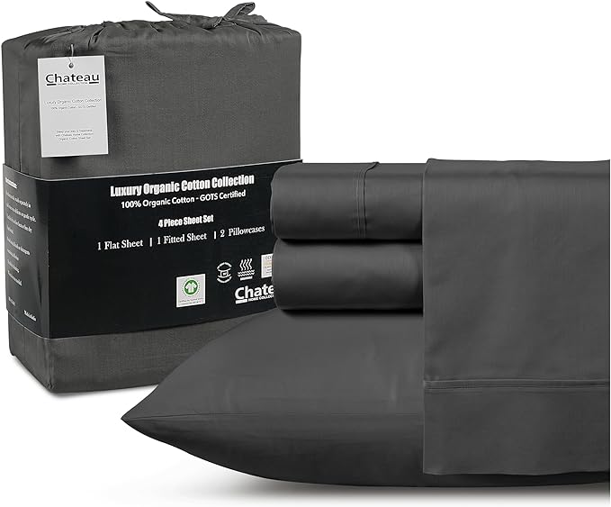 100% Cotton Sheets King Size Sheets Set with Fitted Sheet & Pillowcase Sets, Sateen Weave 4 piece Deep Pocket King Sheet Set, Soft & Comfy Naturally Cool Luxury Bedding- Charcoal