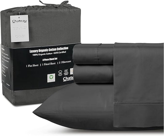 100% Cotton Sheets King Size Sheets Set with Fitted Sheet & Pillowcase Sets, Sateen Weave 4 piece Deep Pocket King Sheet Set, Soft & Comfy Naturally Cool Luxury Bedding- Charcoal
