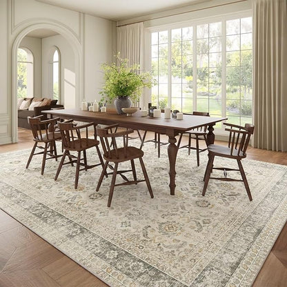 Washable 10x14 Area Rugs for Living Room, Boho Non-Slip Vintage Distress Large Rugs for Bedroom Dining Room Office, 0.3" Neutral Oriental Throw Thin Carpet, Grey/Beige/Orange/Multi
