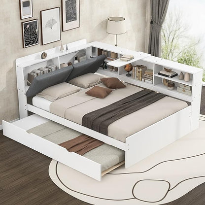 Ball & Cast Full Size Wooden Storage Daybed Frame, Modern Platform Bed with Trundle & Flip Headboard & Shelves, L Shaped Full Floor-Bed w/Upholstered Headboard&Storage, No Box Spring Needed, White