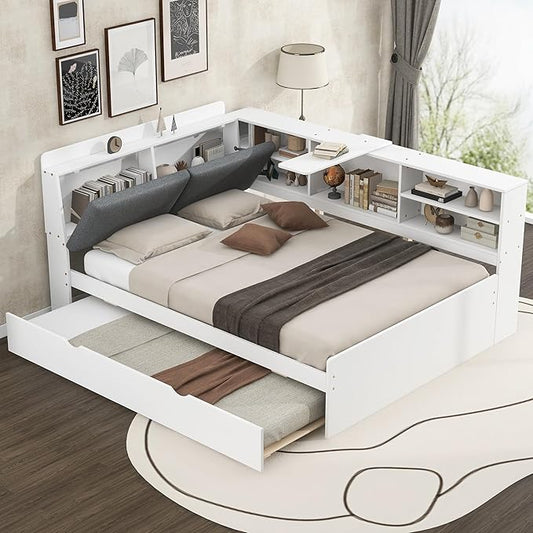 Ball & Cast Full Size Wooden Storage Daybed Frame, Modern Platform Bed with Trundle & Flip Headboard & Shelves, L Shaped Full Floor-Bed w/Upholstered Headboard&Storage, No Box Spring Needed, White
