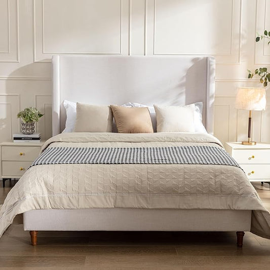 Queen Size Upholstered Bed Frame, Harper 54" Tall Headboard Platform Beds, Wingback Headboard Bedframes/No Box Spring Needed/Easy Assembly/Elegant Simplicit, Ivory Chenille