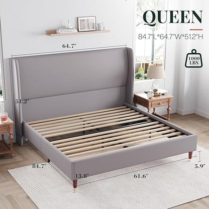 Jocisland Queen Upholstered Platform Bed Frame with 51.2" Tall Wingback Headboard–Solid Wood Legs, No Box Spring Needed, Light Grey Linen–Modern Style for Any Bedroom