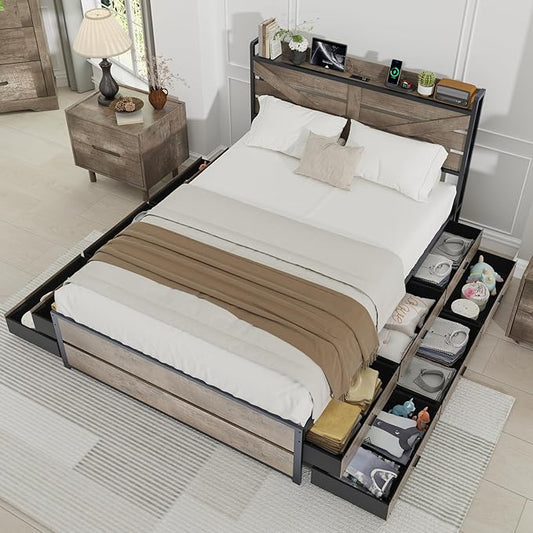 Queen Size Wooden Bed Frame with 12 Storage Drawers and Headboard, Farmhouse Platform Bed Frame with Charging Station, No Box Spring Needed, Stable and Solid, Noise Free. (Oak, Queen)