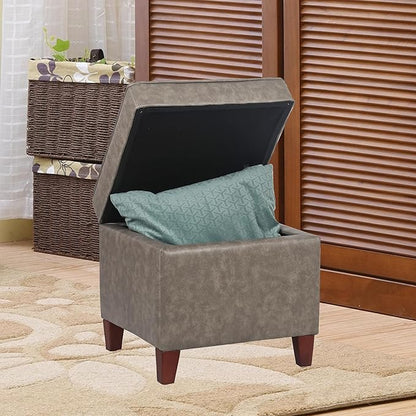 Adeco 17.5" Square Faux Leather Ottoman with Storage - Upholstered PU Foot Rest - Flip Top Footstool with Sturdy Wood Legs, Small Cube Coffee Table Extra Seat for Living Room, Bedroom, Coffee Brown